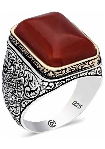 Gümüş Desenli Kırmızı Zirkon Taşlı Kare Erkek