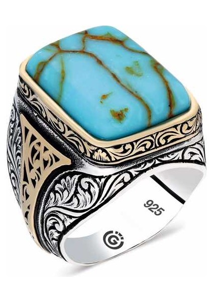 Gümüş Turkuaz Çizgi Geçişli Taşlı Kare Erkek Yüzük