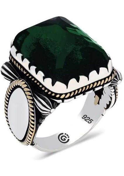 Gümüş Yeşil Zirkon Taşlı Kare Erkek Yüzük