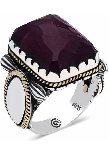 Gümüş Bordo Taşlı Köşeli Erkek Yüzük