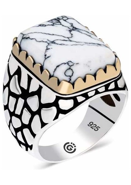 Gümüş Desenli Beyaz Taşlı Köşeli Erkek Yüzük