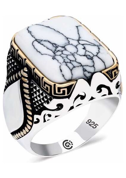 Gümüş Çizgili Beyaz Taşlı Köşeli Erkek Yüzük