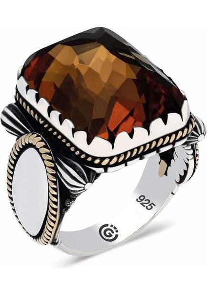 Gümüş Zirkon Akik Taşlı Kare Erkek Yüzük