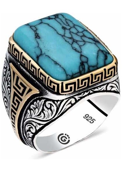 Gümüş Çizgili Turkuaz Taşlı Köşeli Erkek Yüzük