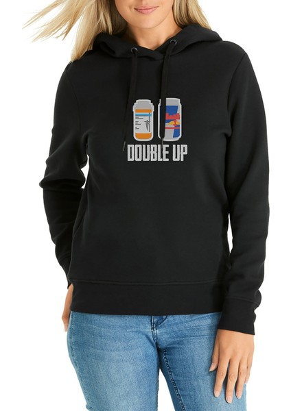 Pubg Double Up Siyah Baskılı Siyah Kadın Örme Kapşonlu Sweatshirt Uzun Kol