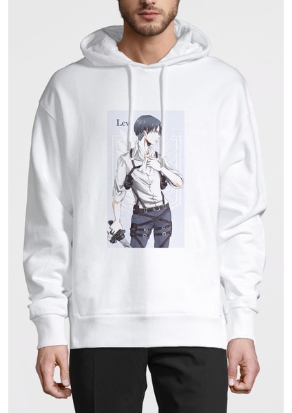 Anime Attack On Titan Baskılı Beyaz Erkek Örme Kapşonlu Sweatshirt Uzun Kol