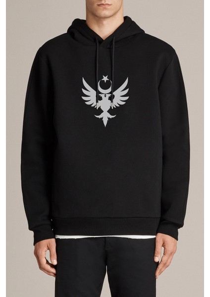 Göktürk Türk Selçuklu Kartalı Baskılı Siyah Erkek Örme Kapşonlu Sweatshirt Uzun Kol
