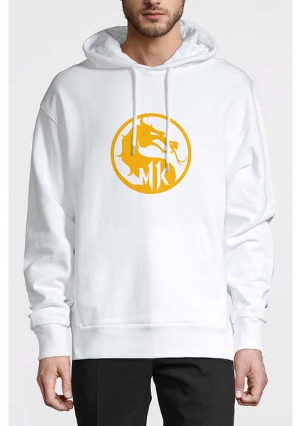 Mortal Kombat Mk Logo Baskılı Beyaz Erkek Örme Kapşonlu Sweatshirt Uzun Kol