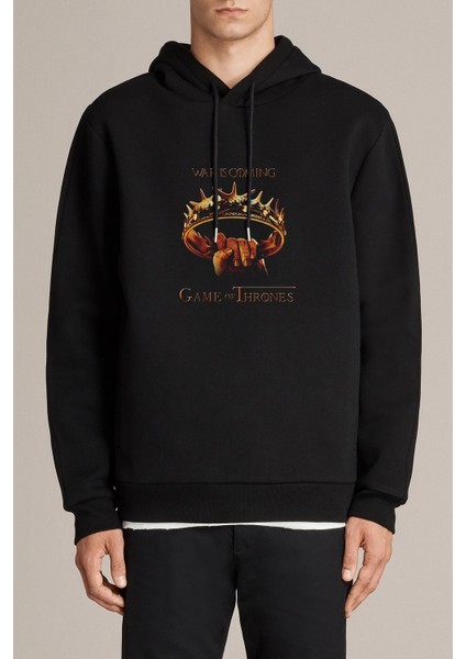 Game Of Thrones Baskılı Siyah Erkek Örme Kapşonlu Sweatshirt Uzun Kol