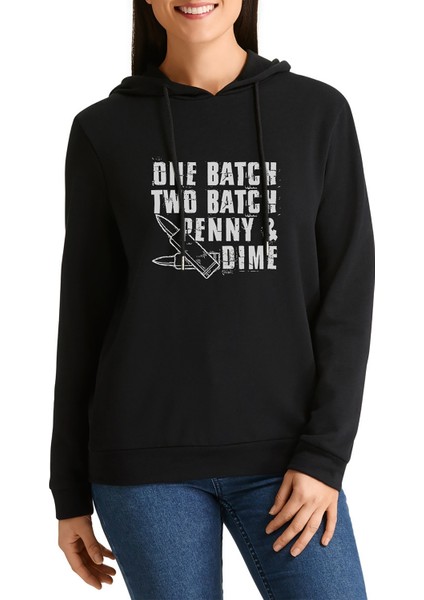 Punisher One Batch Two Batch Baskılı Siyah Kadın Örme Kapşonlu Sweatshirt Uzun Kol