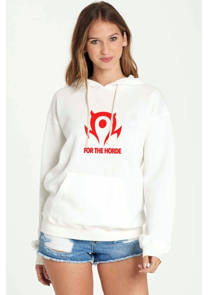 Of Warcraft For The Horde World Baskılı Beyaz Kadın Örme Kapşonlu Sweatshirt Uzun Kol