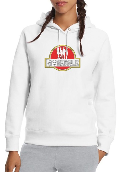 Riverdale Jurassic Park Logo Baskılı Beyaz Kadın Örme Kapşonlu Sweatshirt Uzun Kol