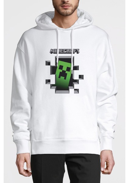 Mine Craft Baskılı Beyaz Erkek Örme Kapşonlu Sweatshirt Uzun Kol