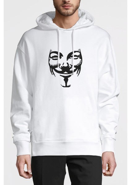 V For Vandetta Mask Baskılı Beyaz Erkek Örme Kapşonlu Sweatshirt Uzun Kol