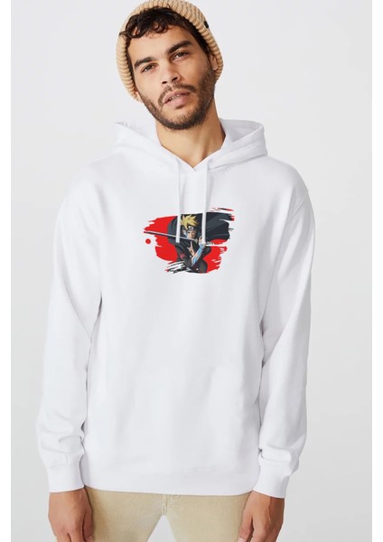 Best Anime Aesthetic Baskılı Beyaz Erkek Örme Kapşonlu Sweatshirt Uzun Kol