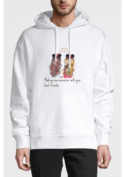 Best Friend Heart Baskılı Beyaz Erkek Örme Kapşonlu Sweatshirt Uzun Kol