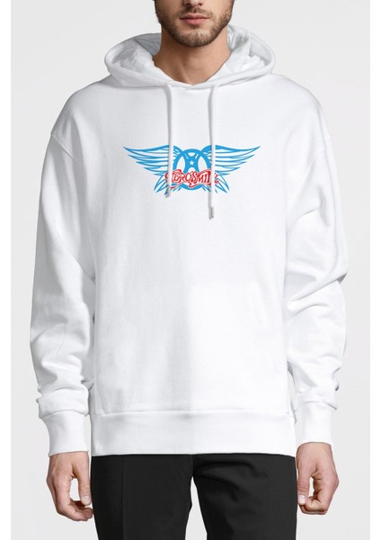 Aerosmith Hard Rock Rock And Roll Baskılı Beyaz Erkek Örme Kapşonlu Sweatshirt Uzun Kol