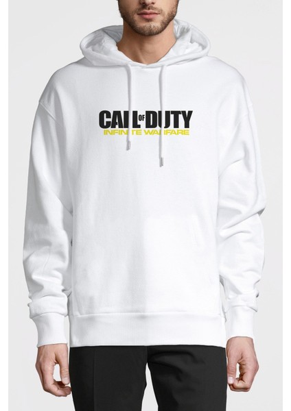 Call Of Duty Infinite Warfare Logo Baskılı Beyaz Erkek Örme Kapşonlu Sweatshirt Uzun Kol