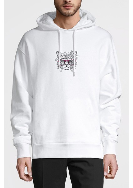 Ele Bir Çelenk Çiçek Giymiş Kedi Baskılı Beyaz Erkek Örme Kapşonlu Sweatshirt Uzun Kol