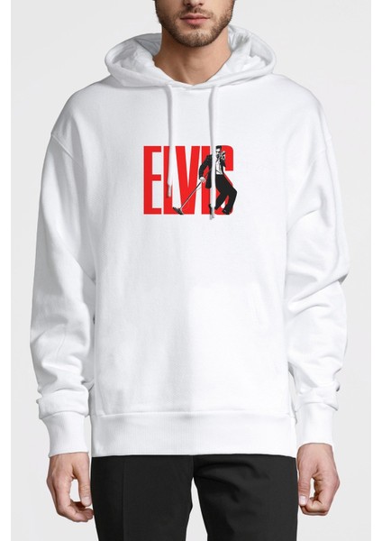 Elvis Presley The Legend Metal Rock Baskılı Beyaz Erkek Örme Kapşonlu Sweatshirt Uzun Kol