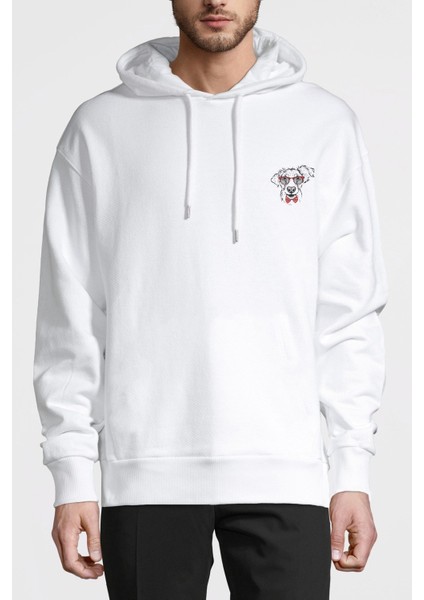 Papyonlu Köpek Göğüs Baskılı Beyaz Erkek Örme Kapşonlu Sweatshirt Uzun Kol