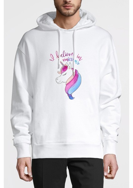 I Don't Believe In Humans Baskılı Beyaz Erkek Örme Kapşonlu Sweatshirt Uzun Kol