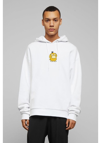 Pokemon Psyduck Baskılı Beyaz Erkek Örme Kapşonlu Sweatshirt Uzun Kol