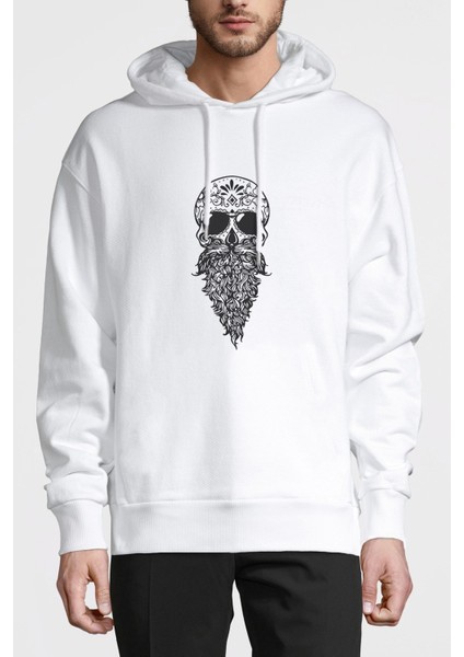 Sakallı Skull Siyah Baskılı Beyaz Erkek Örme Kapşonlu Sweatshirt Uzun Kol