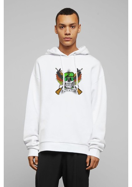 Spot 4 Kill Skull Kurukafa Baskılı Beyaz Erkek Örme Kapşonlu Sweatshirt Uzun Kol