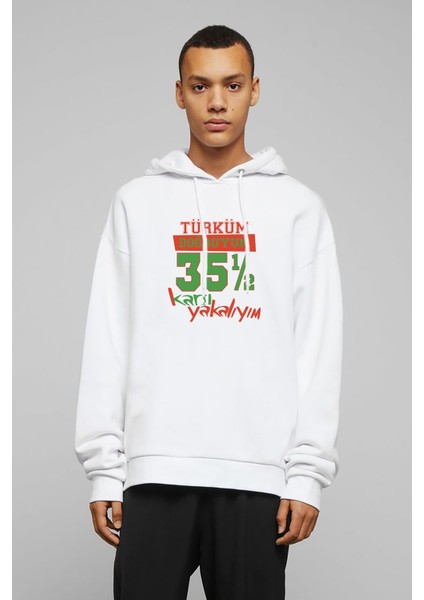 Türküm Doğruyum Karşıyakalıyım Izmir 35,5 Baskılı Beyaz Erkek Örme Kapşonlu Sweatshirt Uzun Kol
