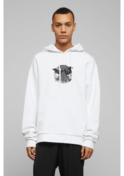 Viking Mitolojisi Odin Raven Baskılı Beyaz Erkek Örme Kapşonlu Sweatshirt Uzun Kol
