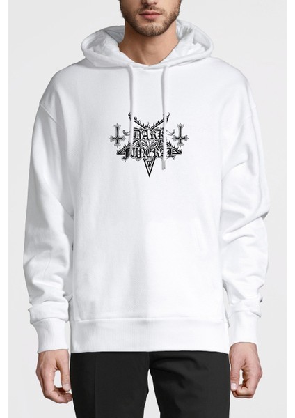 Dark Funeral Logo Baskılı Beyaz Erkek Örme Kapşonlu Sweatshirt Uzun Kol