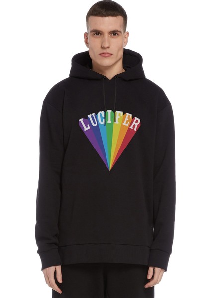 Lucifer Rising Baskılı Siyah Erkek Örme Kapşonlu Sweatshirt Uzun Kol