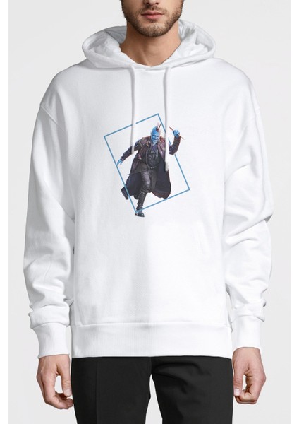 Yenilmez Yondu Galaxy Baskılı Beyaz Erkek Örme Kapşonlu Sweatshirt Uzun Kol