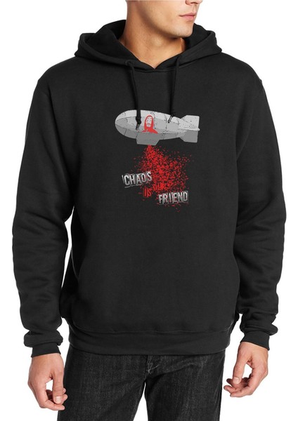 La Casa De Papel Chaos Is Our Friend Baskılı Siyah Erkek Örme Kapşonlu Sweatshirt Uzun Kol
