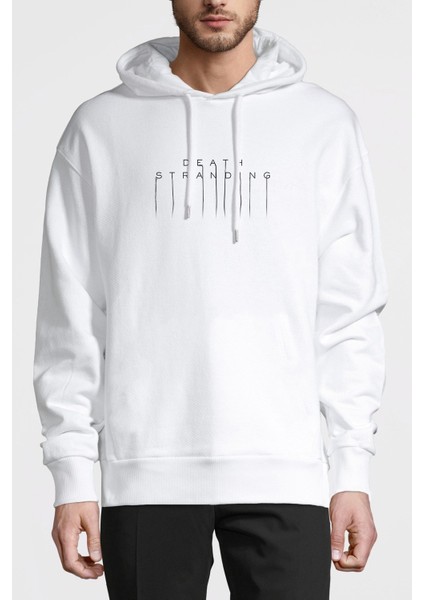 Death Stranding Logo Baskılı Beyaz Erkek Örme Kapşonlu Sweatshirt Uzun Kol