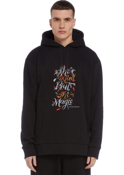 Charles Bukowski Shes Mad But She Baskılı Siyah Erkek Örme Kapşonlu Sweatshirt Uzun Kol