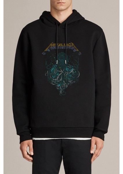 Metallica Ahtabot Rock Metal Müzik Baskılı Siyah Erkek Örme Kapşonlu Sweatshirt Uzun Kol