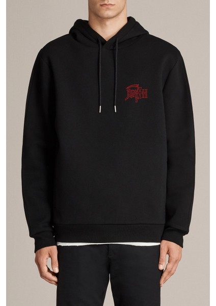 Death Baskılı Siyah Erkek Örme Kapşonlu Sweatshirt Uzun Kol