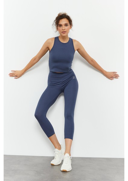 Petrol Yüksek Bel Kapri-Crop Atlet Slim Fit Kadın Tayt Takım - 95284