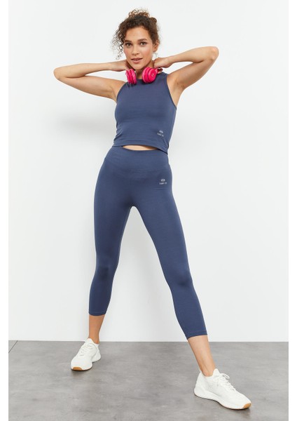 Petrol Yüksek Bel Kapri-Crop Atlet Slim Fit Kadın Tayt Takım - 95284 fırsatları