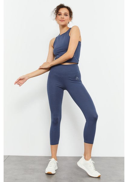 Petrol Yüksek Bel Kapri-Crop Atlet Slim Fit Kadın Tayt Takım - 95284