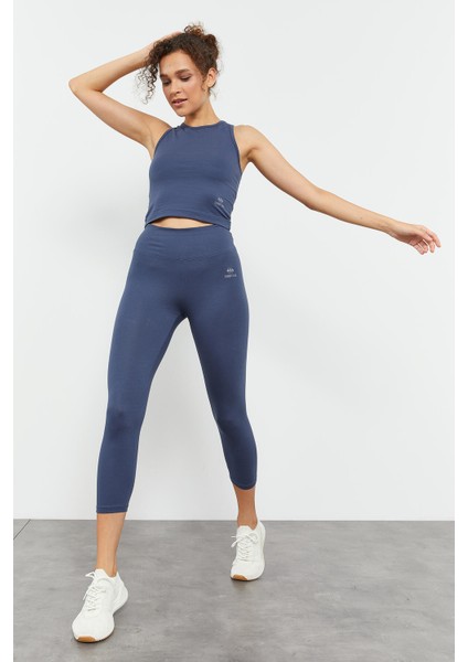 Petrol Yüksek Bel Kapri-Crop Atlet Slim Fit Kadın Tayt Takım - 95284