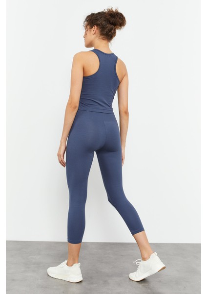 Petrol Yüksek Bel Kapri-Crop Atlet Slim Fit Kadın Tayt Takım - 95284