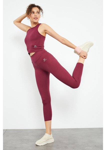 Bordo Yüksek Bel Kapri-Crop Atlet Slim Fit Kadın Tayt Takım - 95284