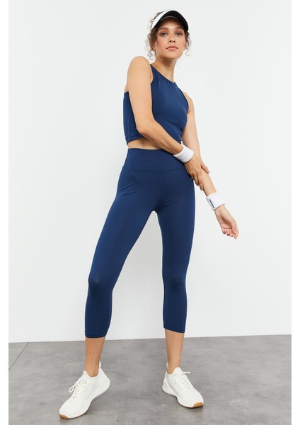 İndigo Yüksek Bel Kapri-Crop Atlet Slim Fit Kadın Tayt Takım - 95284