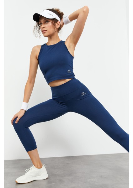 İndigo Yüksek Bel Kapri-Crop Atlet Slim Fit Kadın Tayt Takım - 95284