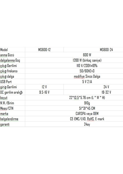600 Watt 24V Modifiye Sinüs Inverter