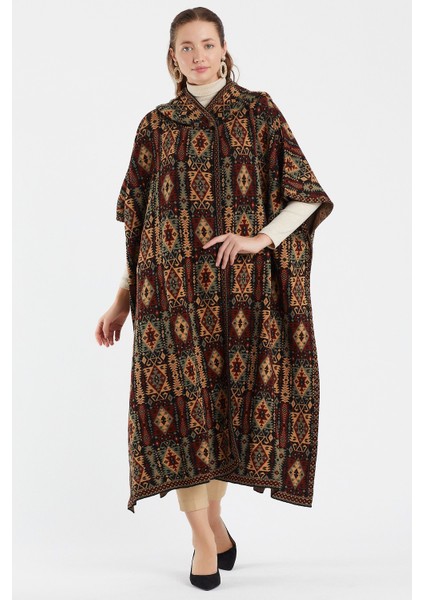 Kilim Desen Kapşonlu Panço / Gümüş