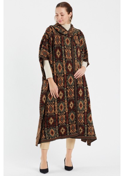 Kilim Desen Kapşonlu Panço / Gümüş fiyatları